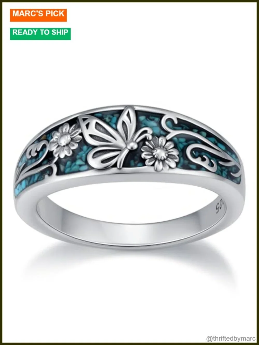 925 Sterling Silver Turquoise Butterfly Ring Boho Statement Jewelry Gift